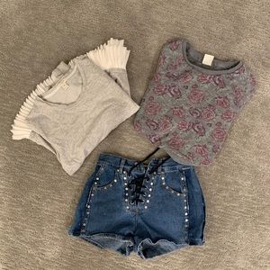 Two long sleeve clothes and a denim shorts.